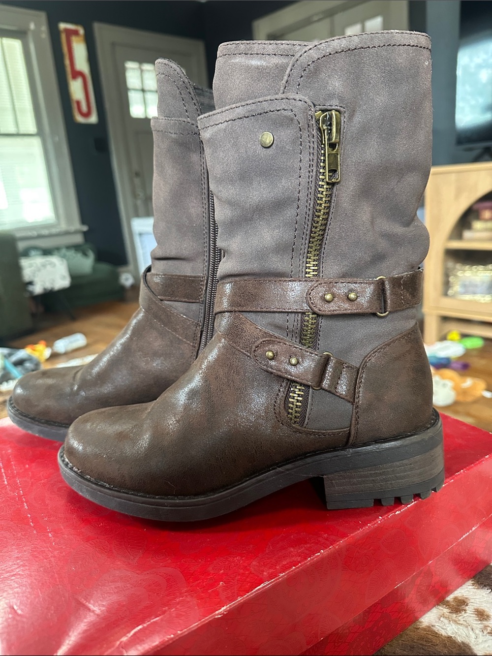Carlos Santana Two-Tone Brown Mid-Calf Moto Boots